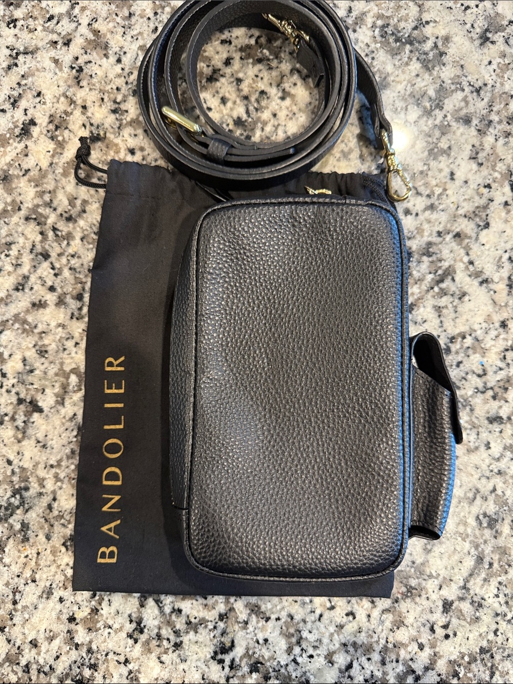 Bandolier Black Pebbled Leather Belt Bag with Gold Hardware